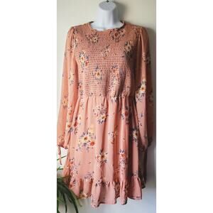 Liberty Love Womens Pink Floral Long Sleeve Mini Dress Size Medium Cottage Boho